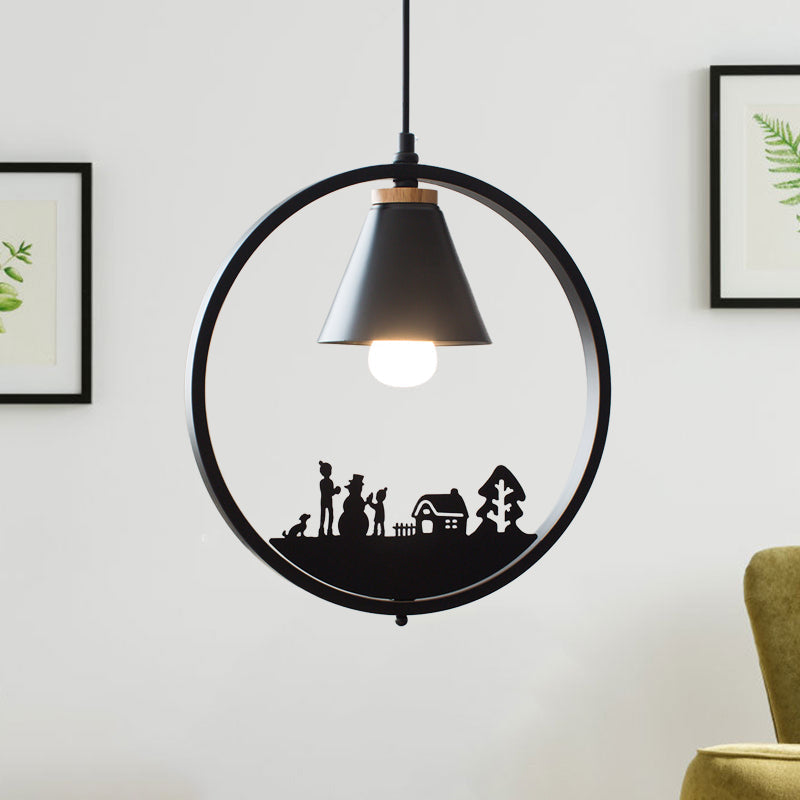 Nordic Style Pendant Lamp With Iron Cone Shade & Paper Cutting Decoration- Black/White 1 Bulb