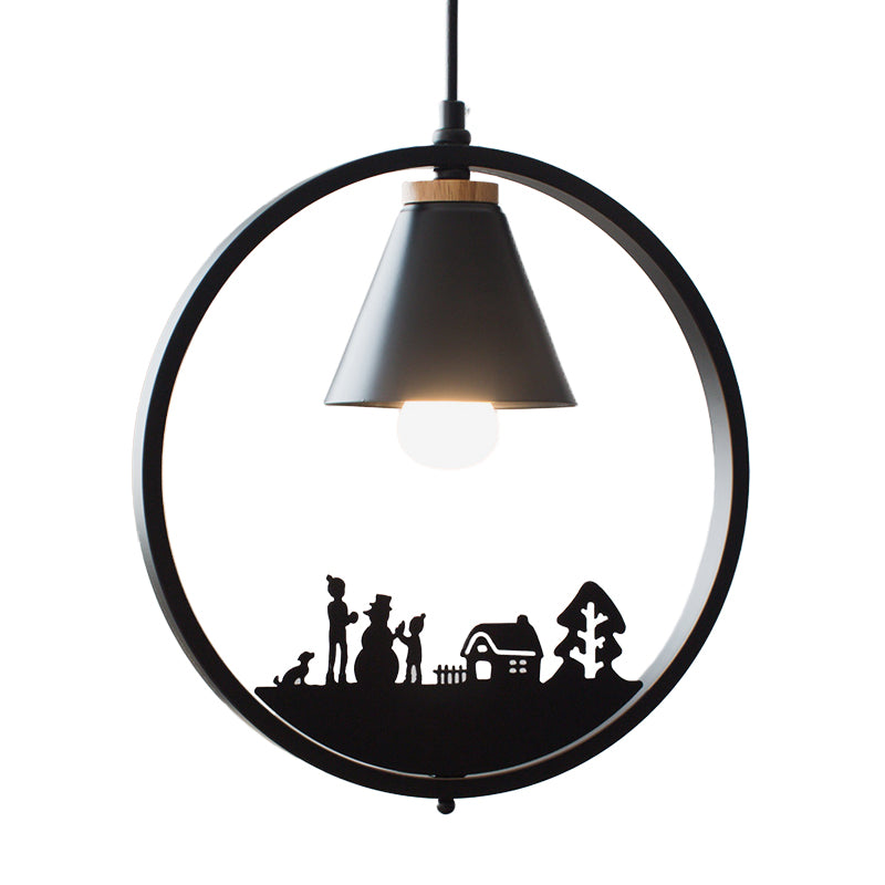 Nordic Style Pendant Lamp With Iron Cone Shade & Paper Cutting Decoration- Black/White 1 Bulb