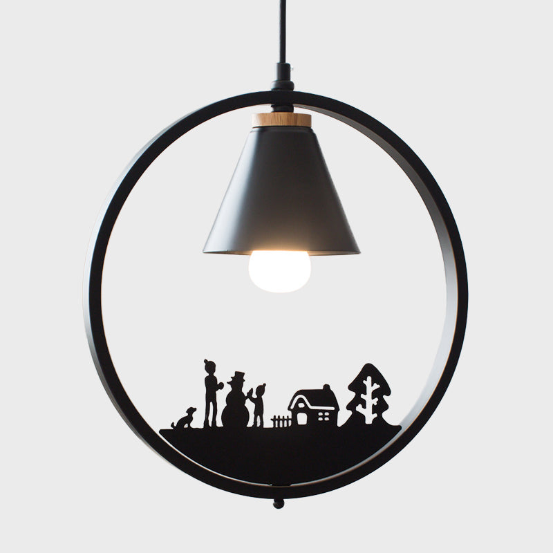 Nordic Style Pendant Lamp With Iron Cone Shade & Paper Cutting Decoration- Black/White 1 Bulb