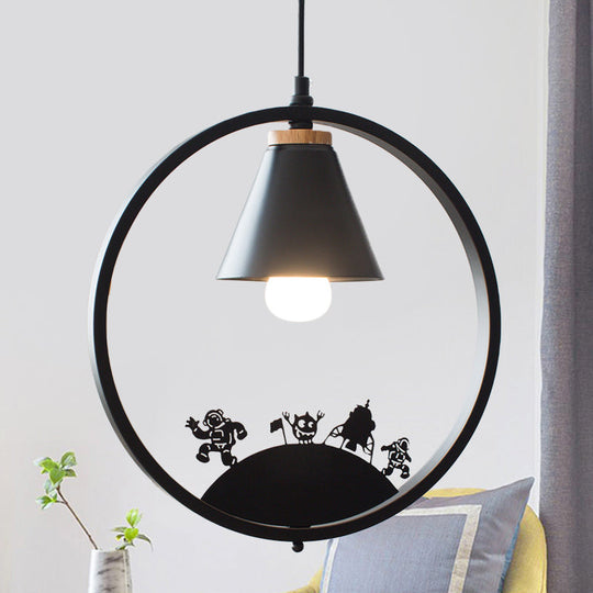 Nordic Style Pendant Lamp With Iron Cone Shade & Paper Cutting Decoration- Black/White 1 Bulb