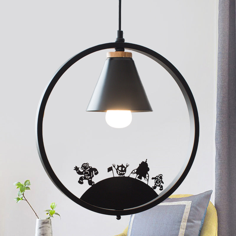 Nordic Style Pendant Lamp With Iron Cone Shade & Paper Cutting Decoration- Black/White 1 Bulb Black