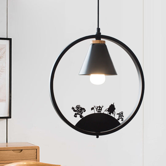 Nordic Style Pendant Lamp With Iron Cone Shade & Paper Cutting Decoration- Black/White 1 Bulb