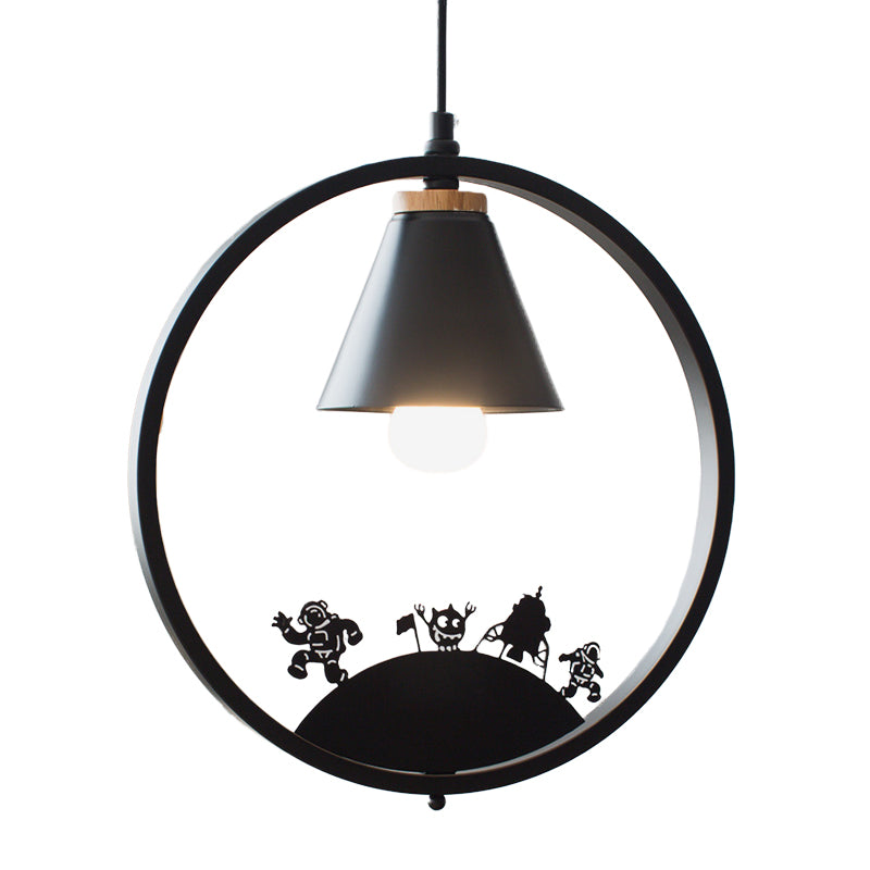 Nordic Style Pendant Lamp With Iron Cone Shade & Paper Cutting Decoration- Black/White 1 Bulb
