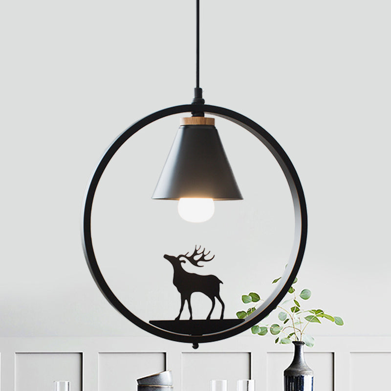 Nordic Style Pendant Lamp With Iron Cone Shade & Paper Cutting Decoration- Black/White 1 Bulb