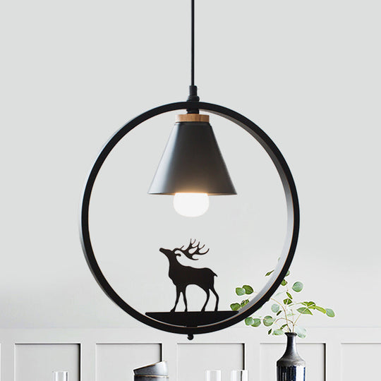 Nordic Style Pendant Lamp With Iron Cone Shade & Paper Cutting Decoration- Black/White 1 Bulb