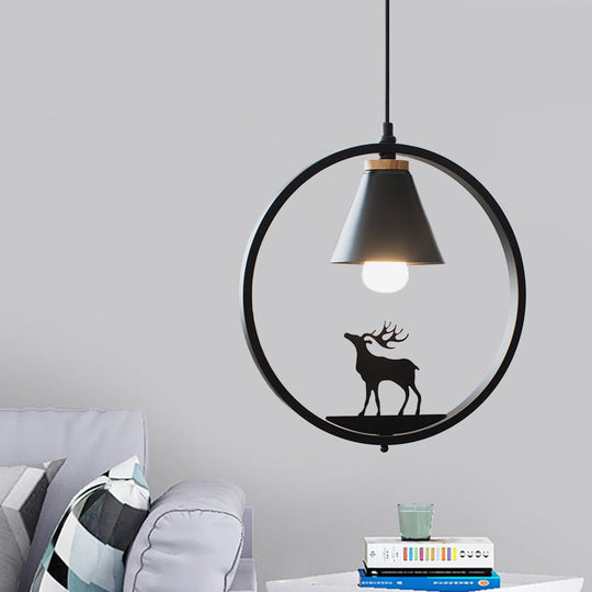 Nordic Style Pendant Lamp With Iron Cone Shade & Paper Cutting Decoration- Black/White 1 Bulb