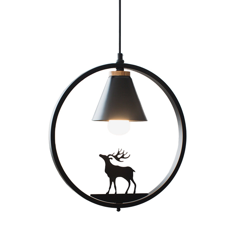 Nordic Style Pendant Lamp With Iron Cone Shade & Paper Cutting Decoration- Black/White 1 Bulb