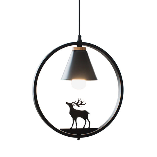 Nordic Style Pendant Lamp With Iron Cone Shade & Paper Cutting Decoration- Black/White 1 Bulb