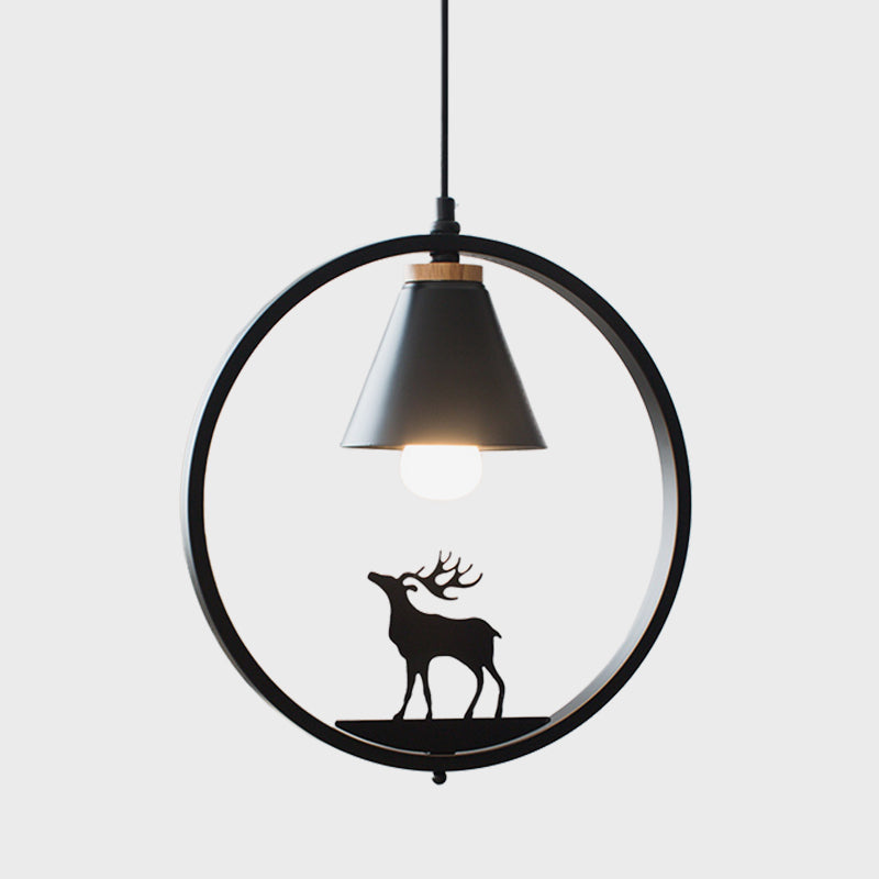 Nordic Style Pendant Lamp With Iron Cone Shade & Paper Cutting Decoration- Black/White 1 Bulb