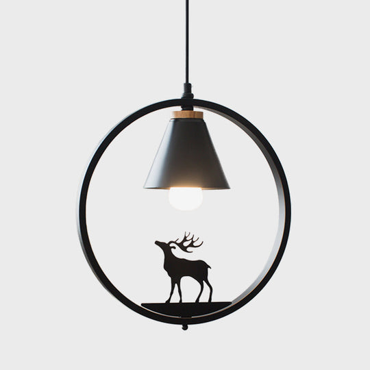 Nordic Style Pendant Lamp With Iron Cone Shade & Paper Cutting Decoration- Black/White 1 Bulb