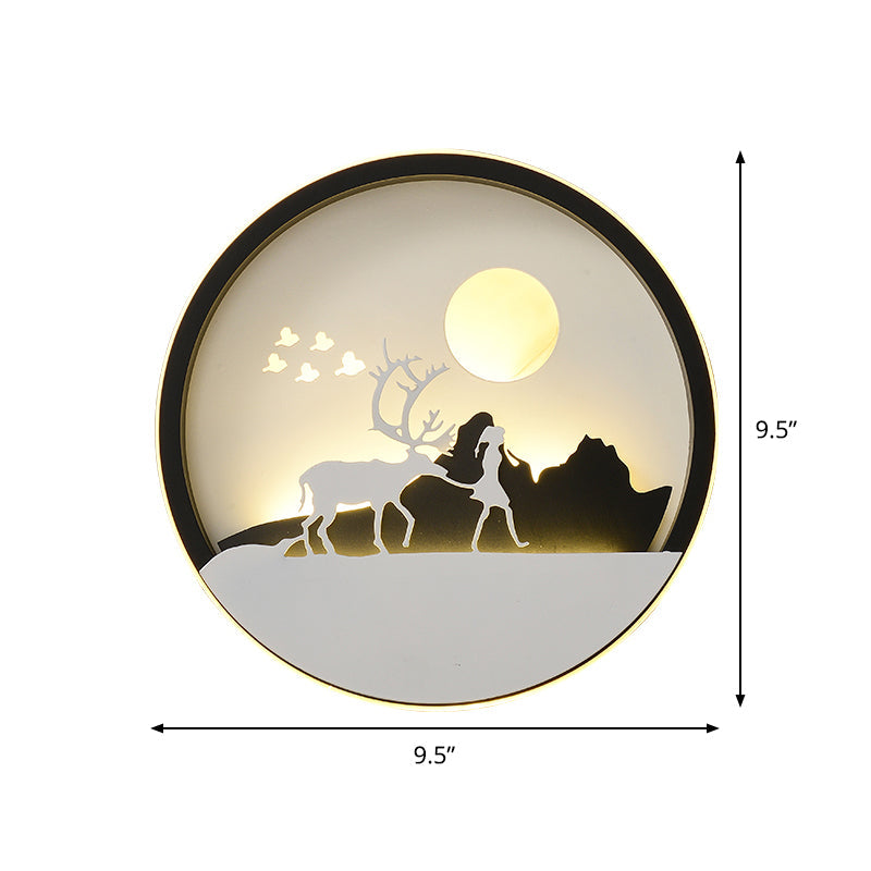 Metal Round Led Black Wall Lamp Sconce With Modernist Deer Girl Eagle And Windmill Design - Perfect