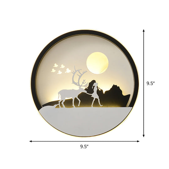 Metal Round Led Black Wall Lamp Sconce With Modernist Deer Girl Eagle And Windmill Design - Perfect