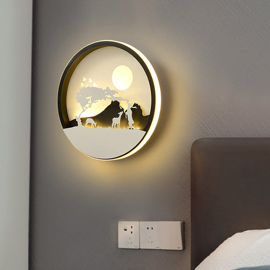 Metal Round Led Black Wall Lamp Sconce With Modernist Deer Girl Eagle And Windmill Design - Perfect