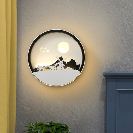 Metal Round Led Black Wall Lamp Sconce With Modernist Deer Girl Eagle And Windmill Design - Perfect