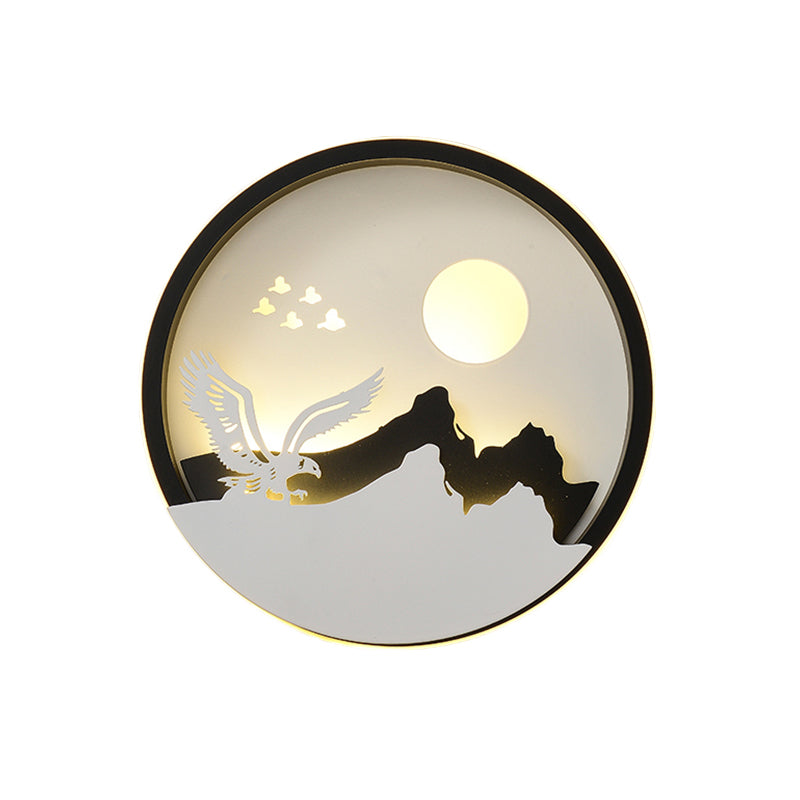 Metal Round Led Black Wall Lamp Sconce With Modernist Deer Girl Eagle And Windmill Design - Perfect