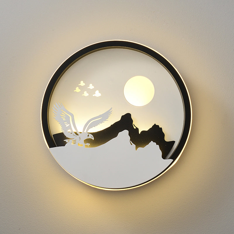 Metal Round Led Black Wall Lamp Sconce With Modernist Deer Girl Eagle And Windmill Design - Perfect