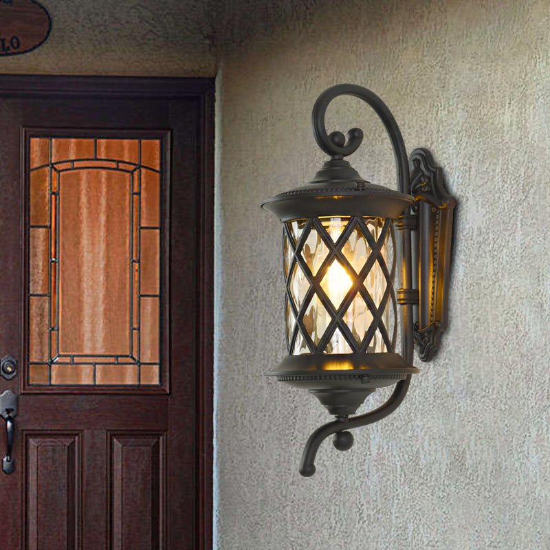 Rustic Outdoor Wall Light - Clear Ripple Glass Black Sconce 1 Head Curling Arm Design