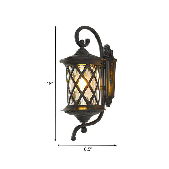 Rustic Outdoor Wall Light - Clear Ripple Glass Black Sconce 1 Head Curling Arm Design