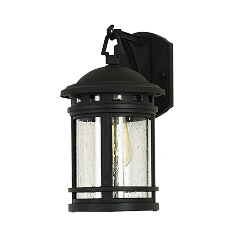 Rustic Outdoor Wall Lantern Sconce With Clear Seeded Glass Metal Frame In Coffee/Black - 1 Light