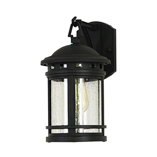 Rustic Outdoor Wall Lantern Sconce With Clear Seeded Glass Metal Frame In Coffee/Black - 1 Light