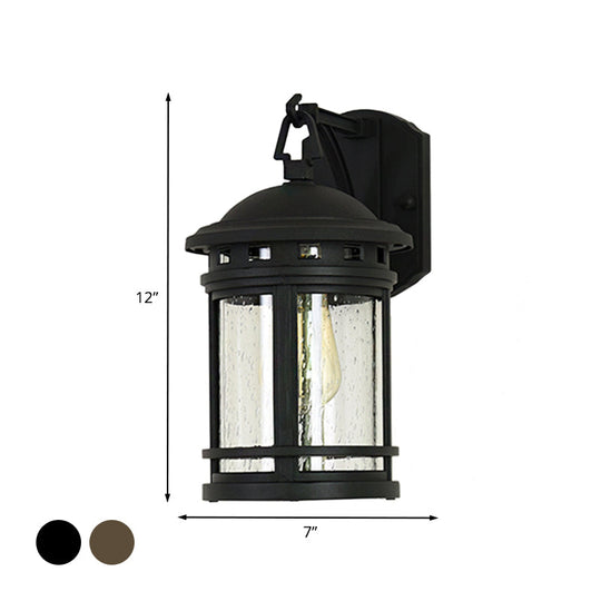 Rustic Outdoor Wall Lantern Sconce With Clear Seeded Glass Metal Frame In Coffee/Black - 1 Light