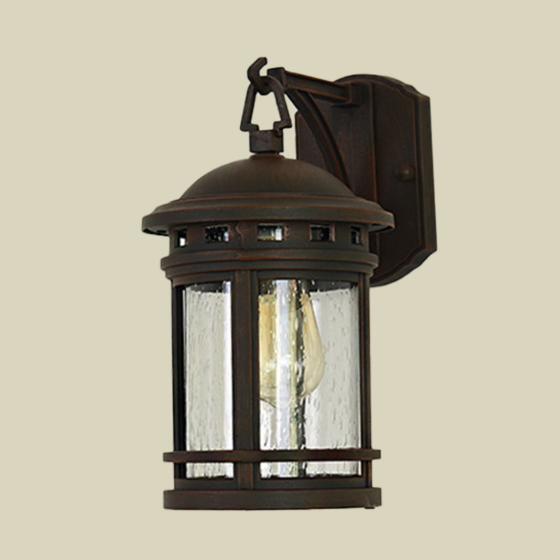 Rustic Outdoor Wall Lantern Sconce With Clear Seeded Glass Metal Frame In Coffee/Black - 1 Light