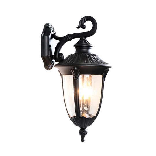 Rustic Outdoor Wall Lamp: Clear Bubble Glass Black Sconce Urn With Curling Arm [1-Head Fixture]