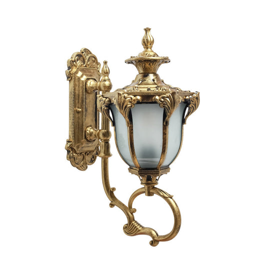 Rustic Metal Wall Lamp With Scrolling Design And Opal Glass Shade - 1 Bulb Outdoor Sconce In