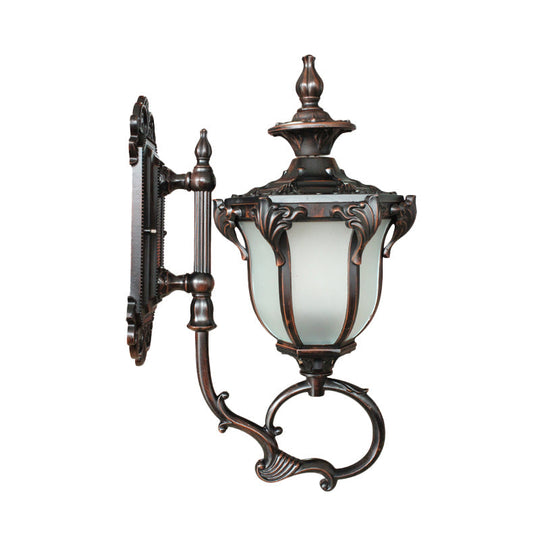 Rustic Metal Wall Lamp With Scrolling Design And Opal Glass Shade - 1 Bulb Outdoor Sconce In