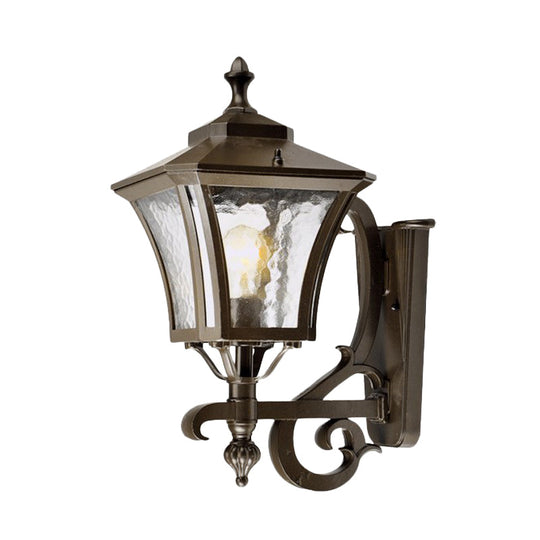 Retro Dark Coffee Lantern Sconce Light Outdoor Wall Lamp With Clear Water Glass And Single Bulb
