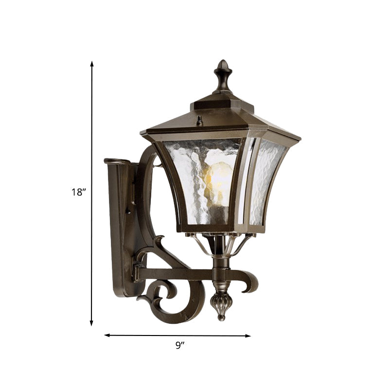Retro Dark Coffee Lantern Sconce Light Outdoor Wall Lamp With Clear Water Glass And Single Bulb