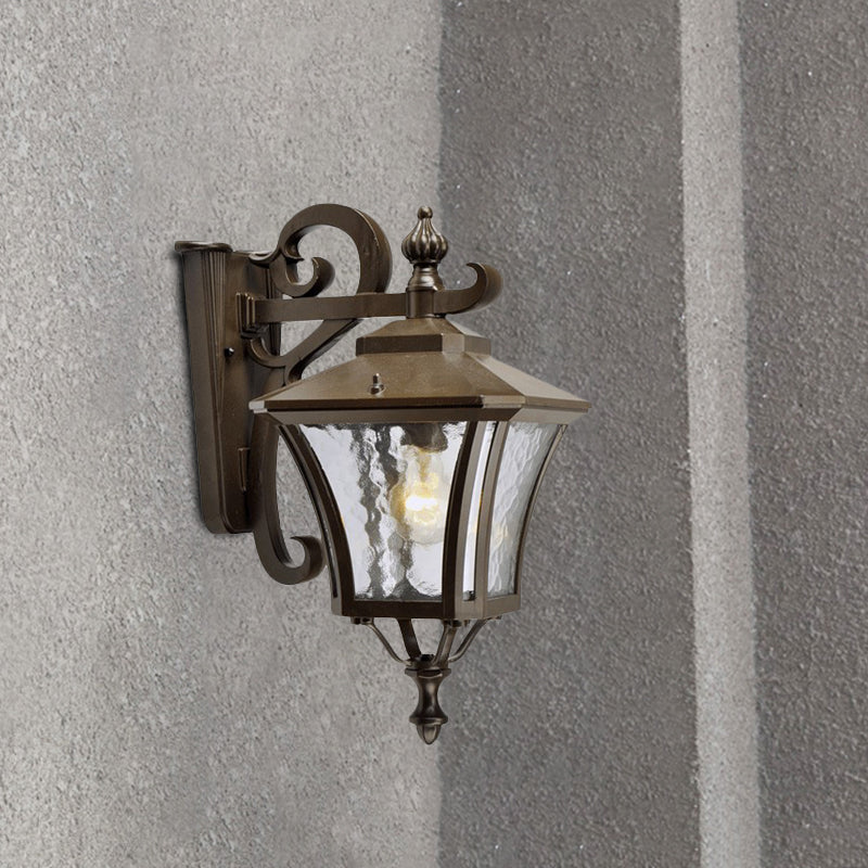 Retro Dark Coffee Lantern Sconce Light Outdoor Wall Lamp With Clear Water Glass And Single Bulb