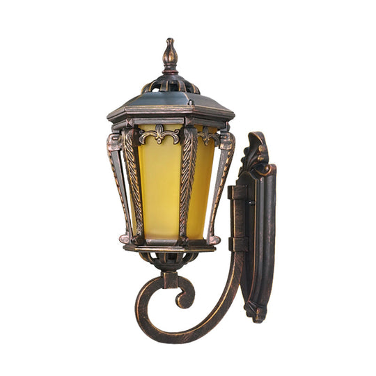Vintage Bronze Wall Sconce With Single Bulb:yellow Glass Retro Style Yard Lighting