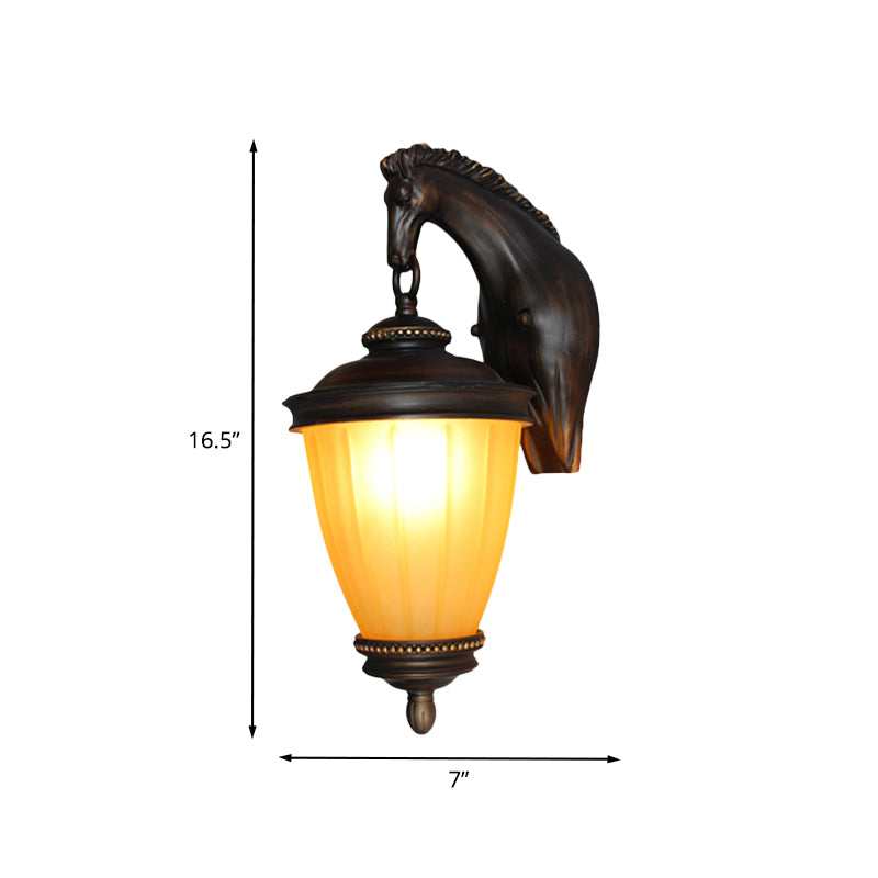 Rustic Yellow Glass Urn Wall Light Outdoor Sconce With Dark Coffee Finish And Horse Backplate