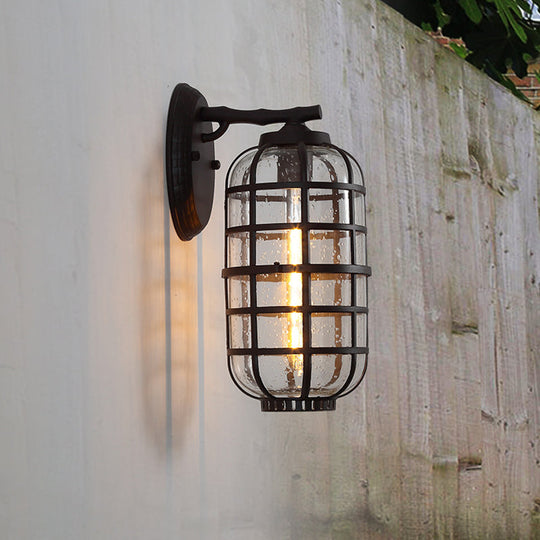 Farmhouse Lantern Courtyard Wall Mount Lamp With Clear Bubble Glass - Black/Coffee Metal Cage 1 Bulb