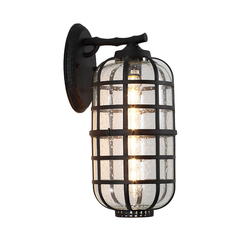Farmhouse Lantern Courtyard Wall Mount Lamp With Clear Bubble Glass - Black/Coffee Metal Cage 1 Bulb