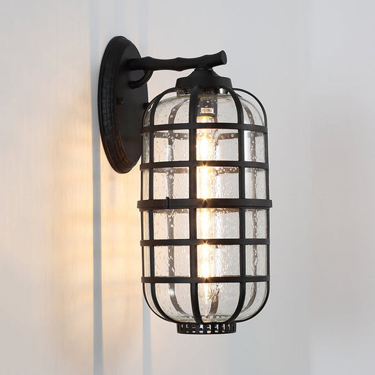 Farmhouse Lantern Courtyard Wall Mount Lamp With Clear Bubble Glass - Black/Coffee Metal Cage 1 Bulb