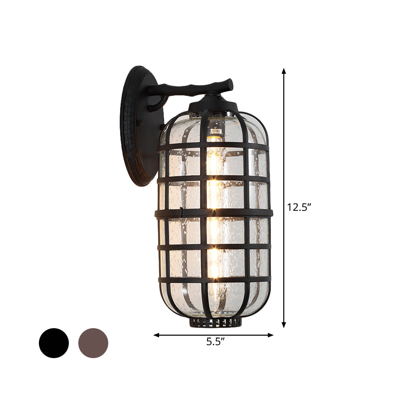 Farmhouse Lantern Courtyard Wall Mount Lamp With Clear Bubble Glass - Black/Coffee Metal Cage 1 Bulb