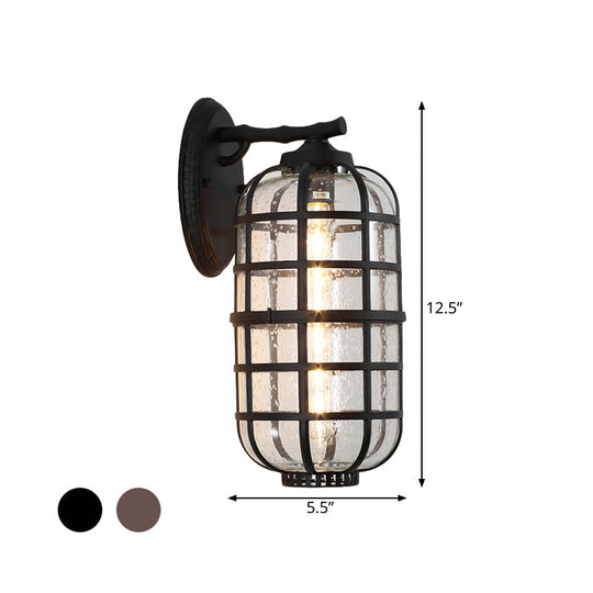 Farmhouse Lantern Courtyard Wall Mount Lamp With Clear Bubble Glass - Black/Coffee Metal Cage 1 Bulb