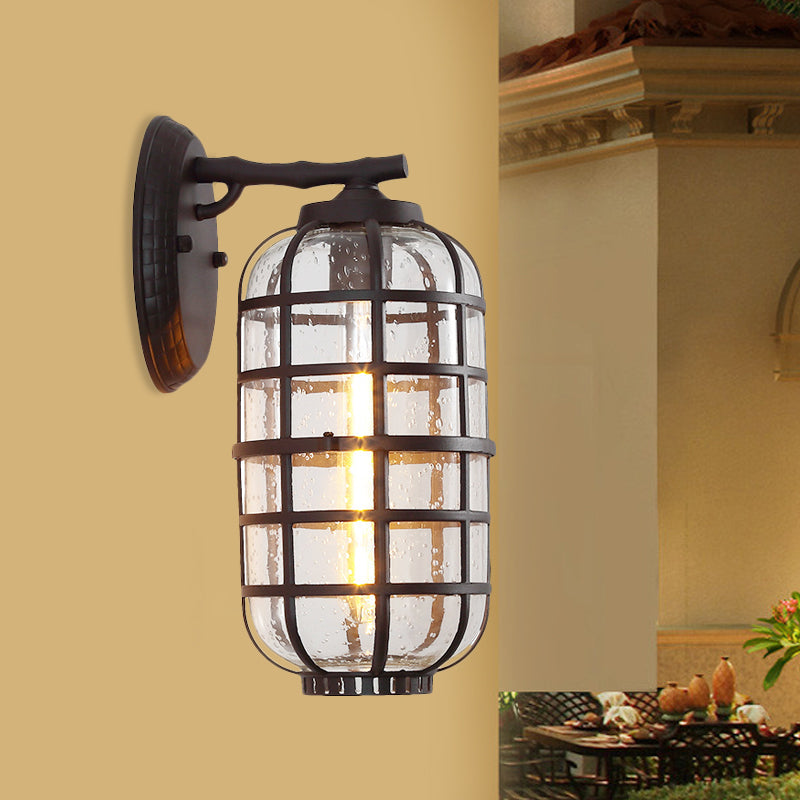 Farmhouse Lantern Courtyard Wall Mount Lamp With Clear Bubble Glass - Black/Coffee Metal Cage 1 Bulb
