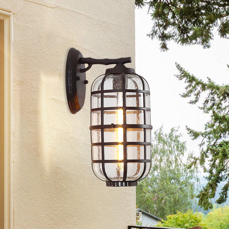 Farmhouse Lantern Courtyard Wall Mount Lamp With Clear Bubble Glass - Black/Coffee Metal Cage 1 Bulb