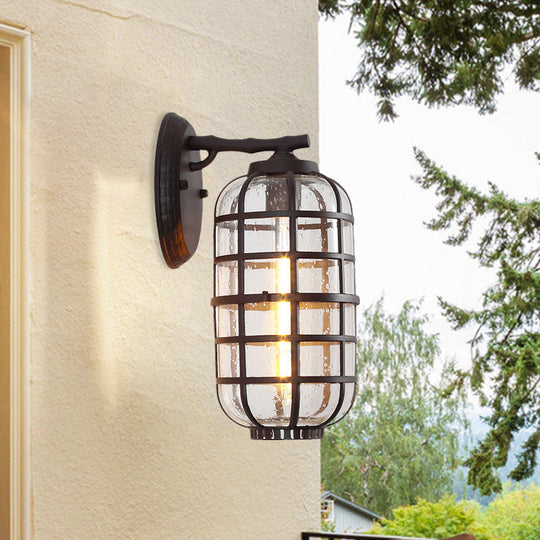 Farmhouse Lantern Courtyard Wall Mount Lamp With Clear Bubble Glass - Black/Coffee Metal Cage 1 Bulb