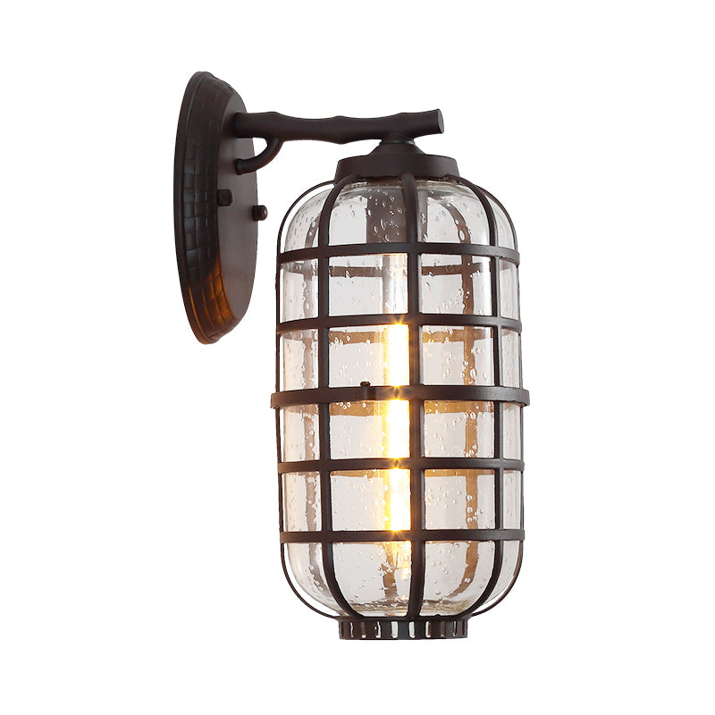 Farmhouse Lantern Courtyard Wall Mount Lamp With Clear Bubble Glass - Black/Coffee Metal Cage 1 Bulb