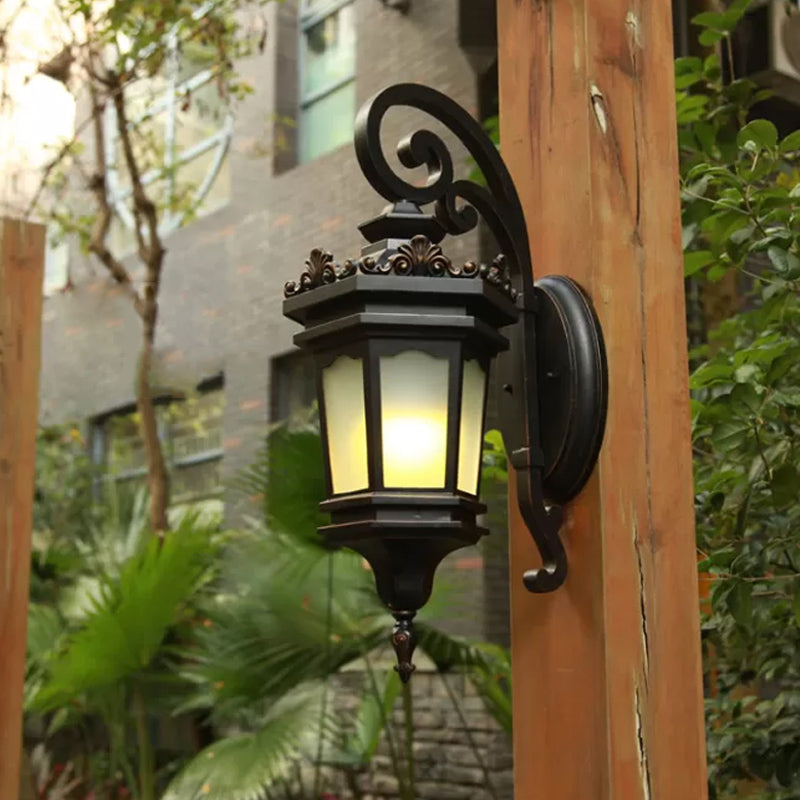 Classic Metallic Wall Mounted Lamp With Scrolled Arm & Cream Glass Shade - 1 Head Courtyard Lighting