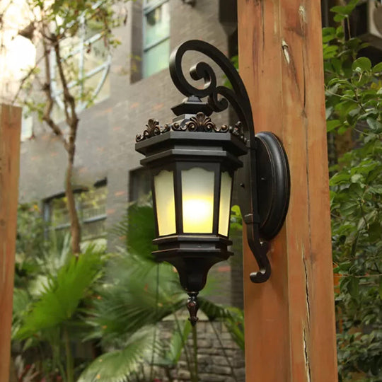 Classic Metallic Wall Mounted Lamp With Scrolled Arm & Cream Glass Shade - 1 Head Courtyard Lighting