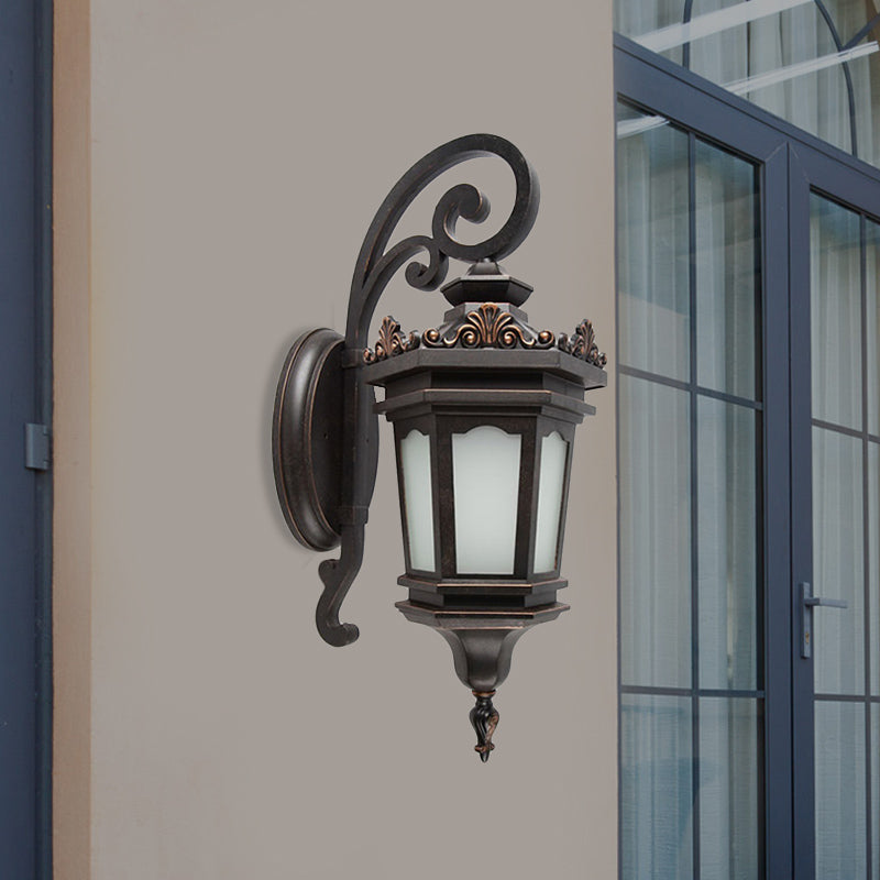 Classic Metallic Wall Mounted Lamp With Scrolled Arm & Cream Glass Shade - 1 Head Courtyard Lighting