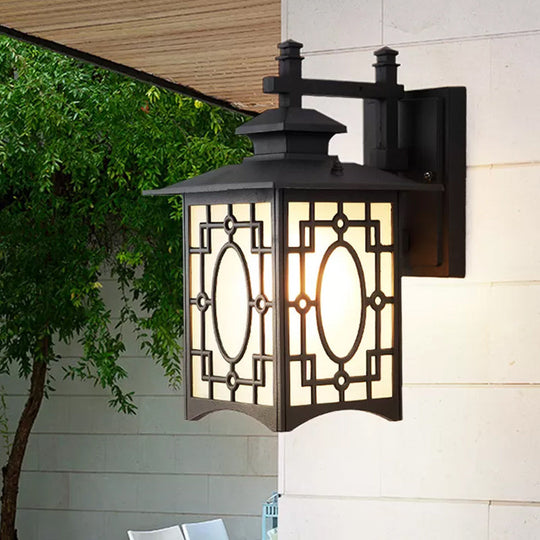Frosted Glass Wall Lantern Sconce Light - Rustic Black/Bronze Courtyard Lighting Black