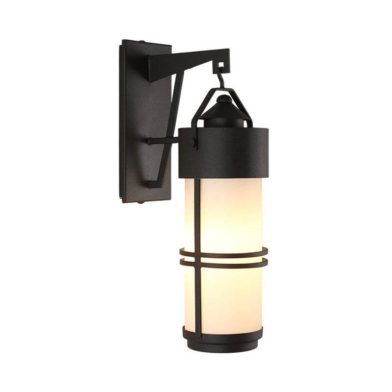 Cream Glass Cylindrical Stairs Wall Light With Black Finish - Classic 1-Light Sconce Fixture