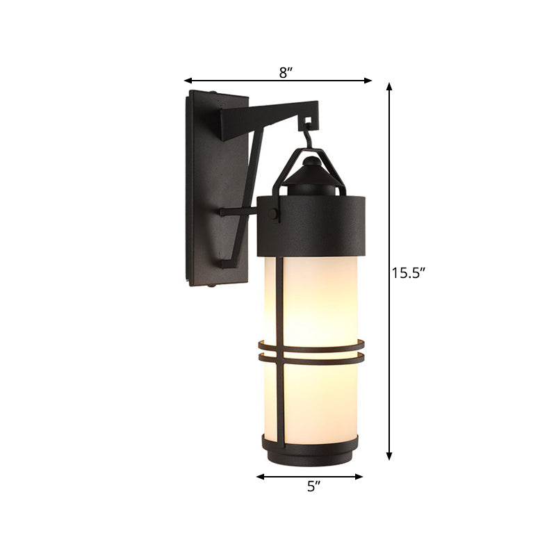 Cream Glass Cylindrical Stairs Wall Light With Black Finish - Classic 1-Light Sconce Fixture