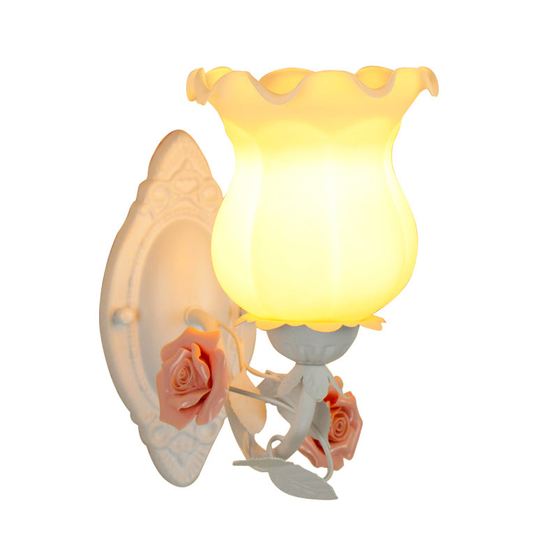 Rustic Bedroom Wall Sconce With Flower Glass White/Green Bloom Deco Lighting Fixture